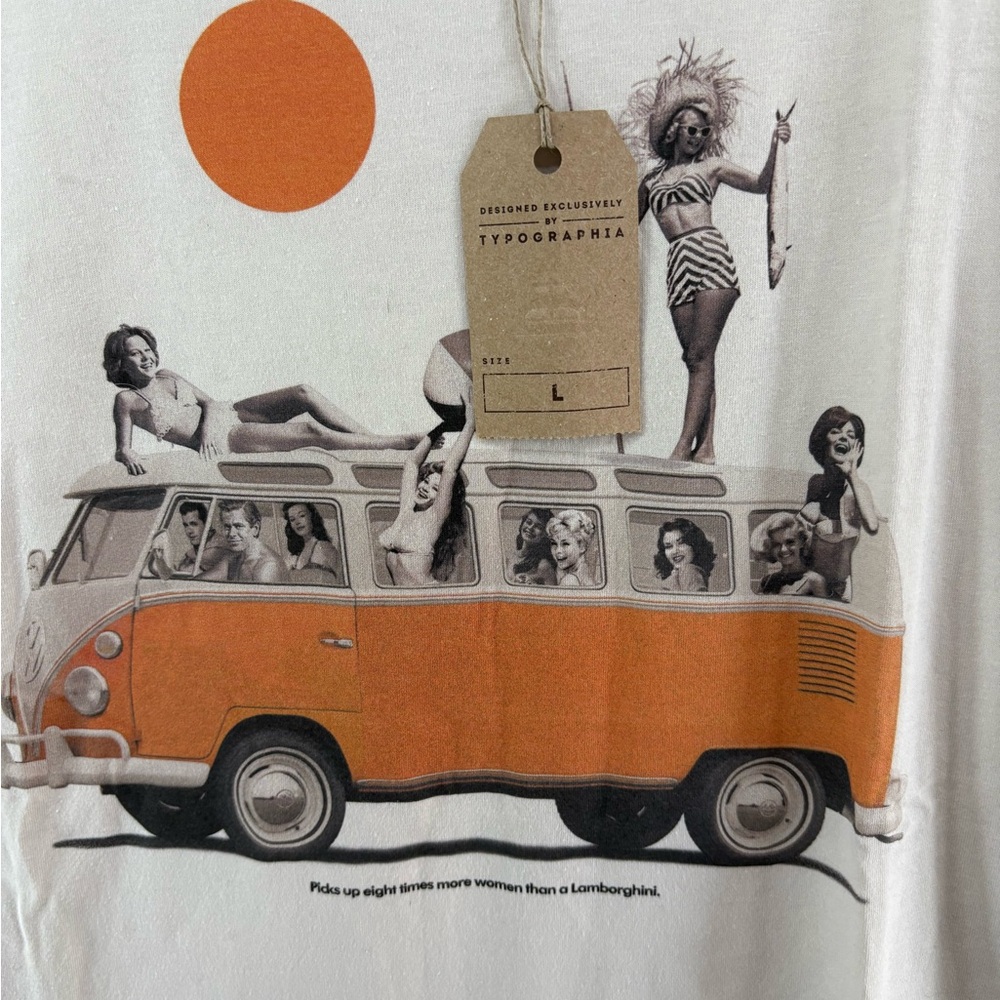 NWT Typographia Unisex Tshirt Cool Ride Cotton Large Beige Retro Vacation Moncat - Picture 2 of 8